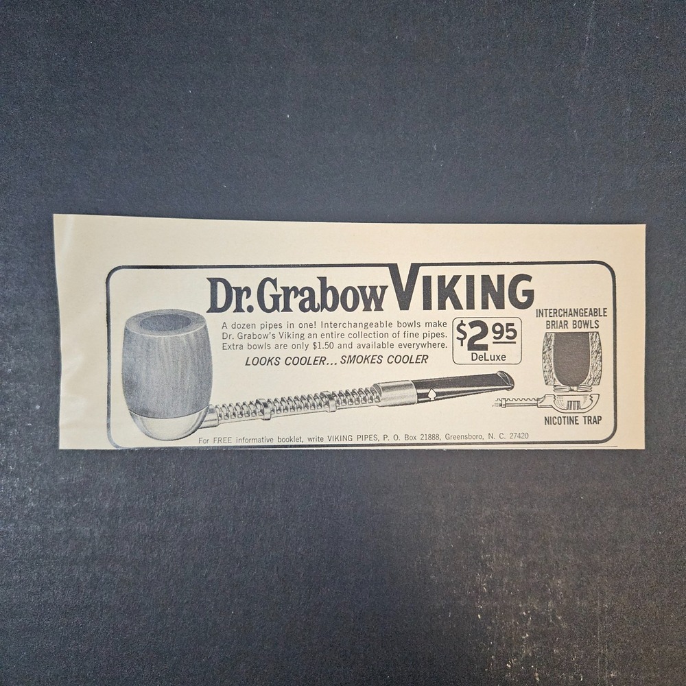 1969 Dr Grabow Viking Pipe‎ Vintage Print Ad Interchangeable Bowls Greensboro NC